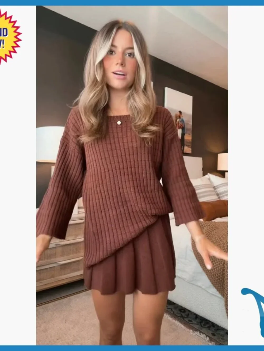 Oversized Lounge Set Long Sleeve Knit Top Pleated Skirt 2 Piece